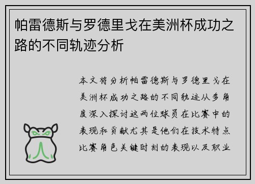 帕雷德斯与罗德里戈在美洲杯成功之路的不同轨迹分析