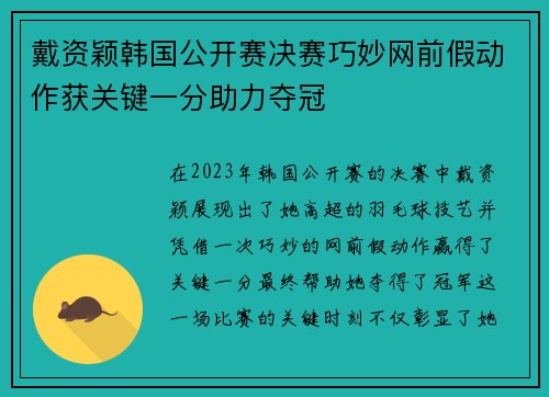 戴资颖韩国公开赛决赛巧妙网前假动作获关键一分助力夺冠