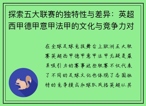 探索五大联赛的独特性与差异：英超西甲德甲意甲法甲的文化与竞争力对比