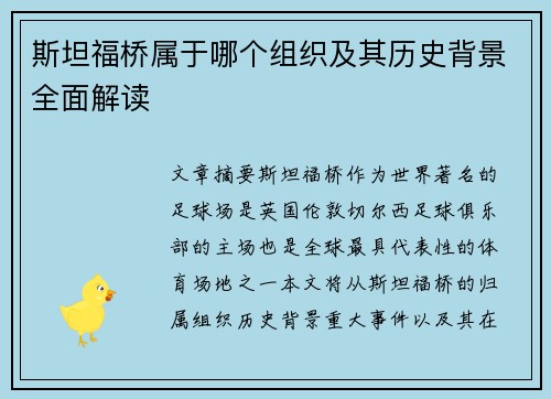 斯坦福桥属于哪个组织及其历史背景全面解读